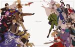  5girls 6+boys abigail_williams_(fate) absurdres agravain_(fate) ahoge airgetlam_(fate) america_(hetalia) american_flag animal armor armored_dress artoria_pendragon_(fate) axis_powers_hetalia bandeau bedivere_(fate) billy_the_kid_(fate) black_bow black_hair blonde_hair blue_eyes bomber_jacket bow bow_(weapon) calamity_jane_(fate) cape clarent_(fate) closed_eyes coat country_connection crossover dress excalibur_galatine_(fate) failnaught_(fate) falling_petals fate/grand_order fate_(series) fur-trimmed_cape fur_trim furry furry_male gawain_(fate) glasses gloves goggles goggles_on_head green_eyes grey_eyes gun hair_bow hair_bun hair_ribbon hat headless helena_blavatsky_(fate) helena_blavatsky_(third_ascension)_(fate) hessian_(fate) highres holding holding_bow_(weapon) holding_gun holding_staff holding_sword holding_weapon jacket knights_of_the_round_table_(fate) kome_043 lancelot_(fate/grand_order) lion_boy lion_hair lobo_(fate) long_hair long_sleeves merlin_(fate) mordred_(fate) multiple_boys multiple_girls necktie open_mouth orange_bow oversized_animal pants petals ponytail prosthesis prosthetic_arm purple_eyes purple_hair red_hair ribbon robe saber_(fate) scarf shirt short_hair side_ponytail sidelocks smile staff sword thick_eyebrows thomas_edison_(fate) tristan_(fate) union_jack united_kingdom_(hetalia) voyager_(third_ascension)_(fate) weapon white_hair white_robe wolf yellow_eyes yellow_scarf 