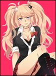  bad_id bad_pixiv_id blue_eyes breasts checkered checkered_skirt cleavage cross-laced_footwear danganronpa danganronpa_1 enoshima_junko hair_ornament hinase_kei jewelry large_breasts long_hair multicolored multicolored_eyes necklace necktie pink_eyes pink_hair purple_eyes ribbon skirt sleeves_rolled_up smile solo spoilers tongue tongue_out twintails 