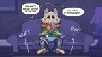2024 american_opossum blush blush_lines brown_body brown_fur buckteeth controller dialogue digital_media_(artwork) fur game_controller grey_body grey_fur male mammal marsupial mouse_tail n64_controller nintendo nintendo_64 nintendo_controller nonbinary_(lore) onomatopoeia sitting_in_lap sound_effects speech_bubble tail teeth text trevor-fox trevor-fox_(character)