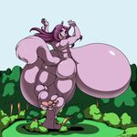  anthro big_breasts bouncing breast_expansion breasts butt canine dancing deonwolf female forest fox fur ggv giant growth hair hindpaw huge_breasts hyper hyper_breasts looking_at_viewer looking_back macro mammal nude open_mouth paws pink_fur purple_eyes purple_hair slosh smile solo tree 