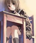  blush brown_eyes brown_hair chair desk looking_at_viewer maigoyaki original parted_lips pleated_skirt school_desk school_uniform serafuku short_hair sitting skirt smile solo 