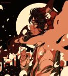  1boy absurdres artist_name bandaged_wrist bandages beanie black_gloves black_hair black_sky brown_theme card cigarette city collared_shirt commentary dream_smp earrings english_commentary expressionless from_side full_moon gloves hat hat_ornament highres holding holding_cigarette huge_moon jewelry male_focus millefobi minecraft_youtube monochrome moon necklace necktie night night_sky no_pupils outdoors playing_card poker_chip profile quackity red_hat red_necktie ring ring_necklace scar scar_across_eye scar_on_arm scar_on_face shirt short_hair sky skyline sleeves_rolled_up smoke smoke_trail smoking solo suspenders three_of_hearts upper_body white_shirt wind yellow_eyes 