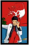  1boy alternate_costume blue_upholstery contemporary couch cup doctor exb glass labcoat male male_focus medical necktie one_piece red_necktie red_pants scalpel sitting stethoscope trafalgar_law wine_glass 