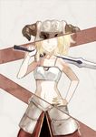  armor blonde_hair clarent fate/apocrypha fate_(series) faulds helmet long_hair midriff mordred_(fate) mordred_(fate)_(all) navel over_shoulder ponytail revealing_cutout solo sword sword_over_shoulder tthal weapon weapon_over_shoulder 