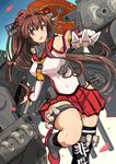  between_fingers black_legwear breasts brown_hair detached_sleeves headgear kantai_collection kikunosukemaru large_breasts long_hair machinery miniskirt open_mouth petals pleated_skirt ponytail red_eyes single_thighhigh skirt solo standing standing_on_one_leg thigh_strap thighhighs umbrella very_long_hair yamato_(kantai_collection) 