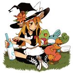  alcohol apron bad_id bad_pixiv_id blonde_hair blush_stickers bottle bow braid commentary crossover dish flower gen_3_pokemon grass hair_flower hair_ornament hat hat_bow hosomitimiti kirisame_marisa long_hair looking_to_the_side mudkip pokemon pokemon_(creature) sake shoes simple_background single_braid sitting sneakers sweat sweatdrop torchic touhou treecko wavy_mouth white_background white_bow witch_hat worried yellow_eyes 