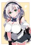  1girl :&gt; absurdres alternate_costume apron black_bow black_bowtie black_dress black_gloves black_hairband black_necktie black_ribbon border bow bowtie breasts cleavage commentary cowboy_shot detached_collar detached_sleeves dot_nose dress fingerless_gloves frilled_apron frilled_dress frilled_hairband frilled_sleeves frills gloves green_eyes grey_hair hair_between_eyes hairband heart highres hololive hutaba_haru large_breasts light_blush looking_at_viewer maid medium_hair necktie puffy_short_sleeves puffy_sleeves ribbon shirogane_noel short_dress short_sleeves solo symbol-only_commentary waist_apron white_apron white_border wispy_bangs yellow_background 