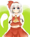  :/ :3 ^_^ arms_behind_back closed_eyes cosplay detached_sleeves embarrassed green_background hair_ribbon hakurei_reimu hakurei_reimu_(cosplay) konpaku_youmu konpaku_youmu_(ghost) red_shirt red_skirt ribbon shirt silver_hair skirt touhou 