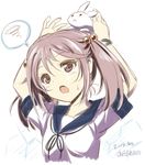  akazawa_red animal animal_on_head artist_name bad_id bad_pixiv_id bunny dated hair_bobbles hair_ornament half_updo hand_up head_tilt kantai_collection on_head outstretched_arms pink_eyes pink_hair sazanami_(kantai_collection) school_uniform serafuku short_hair short_sleeves sketch solo spoken_squiggle squiggle sweatdrop tareme twintails upper_body white_background 