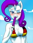  anthro anthrofied bikini breasts cleavage clothed clothing cloud equine eyeshadow female friendship_is_magic horn licking looking_at_viewer makeup mammal my_little_pony one_eye_closed outside popsicle purple_eyes rarity_(mlp) sky solo suggestive swimsuit the-unicorn-lord tongue tongue_out unicorn wink 