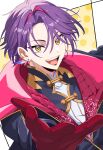  1boy :d absurdres black_jacket commentary curtained_hair diamond-shaped_pupils diamond_(shape) ear_piercing eyes_visible_through_hair fang gloves hair_between_eyes hair_intakes highres hutaba_haru jacket long_bangs looking_at_viewer male_focus nijisanji nijisanji_symphonia_concert_uniform official_alternate_costume open_mouth partially_open_jacket piercing purple_hair red_gloves short_hair smile solo symbol-only_commentary symbol-shaped_pupils teeth upper_body upper_teeth_only virtual_youtuber watarai_hibari yellow_eyes 