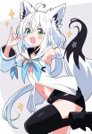 1girl :d \m/ absurdres ahoge animal_ears aqua_neckerchief black_shorts black_thighhighs blush_stickers braid breasts cleavage_cutout clothing_cutout cowboy_shot detached_sleeves dot_nose fang fox fox_ears fox_girl fox_tail green_eyes grey_background hair_between_eyes highres hololive hutaba_haru long_hair long_sleeves looking_at_viewer low_ponytail midriff neckerchief open_mouth shirakami_fubuki shirakami_fubuki_(1st_costume) shirt short_shorts shorts single_thighhigh small_breasts smile solo sparkle standing standing_on_one_leg star_(symbol) tail thighhighs v-shaped_eyebrows very_long_hair white_hair white_shirt 