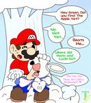  behind_tree butt clothed clothing english_text erection facial_hair fellatio female hair luvbi male mario mario_bros mustache nintendo open_mouth oral oral_sex paper_mario penis pull_down pussy sex smile straight sweat text thunderfap tongue video_games 