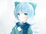  alternate_costume blue_eyes blue_hair bow cirno coat hair_bow hair_ornament hair_ribbon hillly_(maiwetea) ice ice_wings looking_at_viewer parted_lips ribbon scarf short_hair simple_background solo touhou white_background wings 