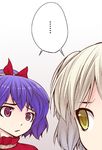  blonde_hair comic hair_ornament lowres moriya_suwako multiple_girls no_hat no_headwear purple_hair ribbon rope shimenawa short_hair touhou urara_(ckt) yasaka_kanako 