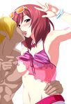  1girl armpits bikini_top bracelet breast_slip breasts eyewear_on_head faceless faceless_male french_kiss jewelry kiss looking_at_viewer love_live! love_live!_school_idol_project natsuiro_egao_de_1_2_jump! navel necklace nipple_tweak nipples nishikino_maki odaodaoaoda one_breast_out pearl_necklace purple_eyes red_hair saliva short_hair small_breasts solo_focus sunglasses tongue v 