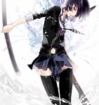  alyssa718 black_hair black_legwear checkered checkered_neckwear eyepatch headgear kantai_collection left-handed navel necktie scabbard sheath skirt smile solo sweater sword tenryuu_(kantai_collection) thighhighs weapon yellow_eyes 