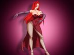  1girl breasts cleavage dress elbow_gloves erect_nipples gloves green_eyes hair_over_one_eye highres jessica_rabbit large_breasts lipstick long_hair makeup nipples no_panties pantyhose red_dress red_hair red_heas side_slit solo supernova_(artist) who_framed_roger_rabbit 