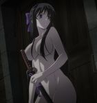  1girl black_hair blue_eyes breasts highres large_breasts long_hair nipples nude ryuzouji_akane solo standing stitched sword walkure_romanze weapon 