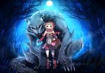  bare_shoulders basket blonde_hair boots canine claws cloak duo fangs fruit full_moon fur grey_fur hair hood human little_red_riding_hood looking_at_viewer luluseason mammal midriff moon navel night nude open_mouth red_eyes skirt stars toe_claws tree wolf 