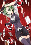  black_gloves card facial_mark garter_straps gloves green_eyes green_hair gumi parted_lips playing_card poker_face_(vocaloid) reina_(black_spider) short_hair short_hair_with_long_locks shorts sidelocks smile solo vocaloid 