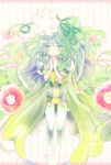  alraune_(p&amp;d) bangs blush dress flower frills full_body green_dress green_hair hair_between_eyes hair_flower hair_ornament hair_ribbon hands_clasped hands_together hoop knees_apart_feet_together komomo_riri long_hair looking_at_viewer own_hands_together pink_background plant plant_girl puffy_short_sleeves puffy_sleeves puzzle_&amp;_dragons ribbon shiny short_sleeves simple_background smile solo standing striped striped_background tareme thighhighs vertical-striped_background vertical_stripes very_long_hair zettai_ryouiki 