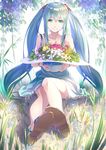  aqua_hair blush bracelet dress flower foreshortening green_eyes grin hat hat_removed hatsune_miku headwear_removed jewelry long_hair looking_at_viewer sandals shoe_soles sitting smile solo sun_hat touboku twintails very_long_hair vocaloid 