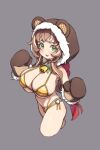  1girl animal_hood bikini blush breasts brown_gloves brown_hair cleavage cropped_legs dora_(eversoul) elomil eversoul gloves green_eyes grey_background hood huge_breasts long_hair looking_at_viewer oppai_loli sidelocks simple_background smile solo swimsuit yellow_bikini 