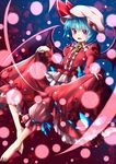  barefoot bat_wings bloomers blue_hair blush curtsey fang flat_chest hat highres long_sleeves puffy_long_sleeves puffy_sleeves red_eyes red_skirt remilia_scarlet samuimu short_hair skirt skirt_set solo toes touhou underwear wings 