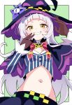  1girl absurdres arched_bangs black_capelet blue_shirt bow bowtie breasts capelet crop_top dot_nose grin hands_up hashtag-only_commentary hat hat_ornament highres hololive hutaba_haru light_blush long_hair long_sleeves looking_at_viewer murasaki_shion murasaki_shion_(1st_costume) navel pinstripe_pattern pinstripe_shirt red_bow red_bowtie shirt small_breasts smile solo star_(symbol) star_hat_ornament stomach striped_clothes striped_shirt upper_body v-shaped_eyebrows vertical-striped_clothes vertical-striped_shirt very_long_hair virtual_youtuber white_hair witch_hat yellow_eyes 