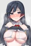  1girl absurdres bikini black_eyes black_hair breasts closed_mouth clothes_lift commentary_request eyepatch_bikini grey_background highres large_breasts lifting_own_clothes long_hair looking_at_viewer love_live! love_live!_nijigasaki_high_school_idol_club nasuno_(nasuno42) school_uniform simple_background smile solo steaming_body sweat swimsuit upper_body yuki_setsuna 