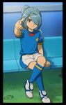  black_border blue_hair border brown_eyes full_body hair_over_one_eye inazuma_eleven inazuma_eleven_(series) inazuma_japan kazemaru_ichirouta lightning_bolt long_hair looking_at_viewer male_focus mizuhara_aki ponytail sitting soccer_uniform solo sportswear 