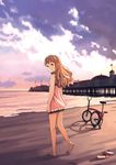  bare_legs bare_shoulders barefoot beach bicycle blue_eyes brown_hair cloud cloudy_sky dress folding_bicycle ground_vehicle katou_akatsuki long_hair looking_at_viewer morning_on_earth outdoors sandals sandals_removed sky sundress water 
