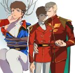 2boys amuro_ray blonde_hair bound brown_hair char&#039;s_counterattack char_aznable earth_federation_space_forces ekomozzarella grey_pants gundam holding_hands jacket military_uniform multiple_boys neo_zeon pants red_jacket red_pants shirt sketch tied_up_(nonsexual) translation_request white_shirt yaoi zeon 