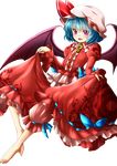  barefoot bat_wings bloomers blue_hair blush curtsey fang flat_chest full_body hat highres long_sleeves puffy_long_sleeves puffy_sleeves red_eyes red_skirt remilia_scarlet samuimu short_hair skirt skirt_set solo toes touhou transparent_background underwear wings 