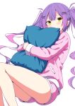  1girl absurdres alternate_costume blush commentary green_eyes hair_ornament hairpin highres hololive hugging_object kishishi_(kishiman-ya) long_hair looking_at_viewer lying multicolored_hair on_side pajamas pillow pillow_hug pink_hair pink_pajamas pink_shirt pink_shorts pointy_ears purple_hair shirt shorts solo streaked_hair tokoyami_towa twintails very_long_hair virtual_youtuber white_background 