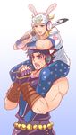  animal_ears bad_id bad_pixiv_id benmaru_image blonde_hair blue_eyes bunny_ears carrying cat_ears fake_animal_ears hat johnny_joestar jojo_no_kimyou_na_bouken jonathan_joestar microphone multiple_boys shoulder_carry steel_ball_run 