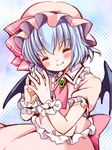  ascot bat_wings blue_hair closed_eyes fang fingers_together hat irori looking_at_viewer mob_cap remilia_scarlet short_hair smile solo steepled_fingers touhou wings wrist_cuffs 