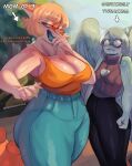 absurd_res aged_up anthro big_breasts blonde_hair blush bodily_fluids bottomwear breasts cavemanon_studios cleavage cleavage_cutout clothed clothing curvy_female curvy_figure cutout deadassspider denim denim_bottomwear denim_clothing dialogue digital_drawing_(artwork) digital_media_(artwork) dinosaur duo envy fang_(gvh) feathered_wings feathers female freckled_breasts freckled_face freckles fully_clothed glassses goodbye_volcano_high green_eyes grey_body grey_hair grey_scales hadrosaurid hair hi_res jealous jeans looking_at_another looking_at_viewer mature_female naomi_(gvh) ornithischian ornithopod pants parasaurolophus prehistoric_species pterodactylus pterosaur reptile scales scalie shirt small_breasts snoot_game sweat talking_to_viewer tank_top text thick_thighs topwear wide_hips wings