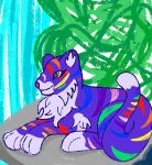 2023 cheek_tuft chest_tuft detailed_background digital_media_(artwork) digitigrade dipstick_tail facial_markings facial_tuft felid feline feral fur head_markings hi_res iamhughmungus male mammal markings multicolored_body multicolored_fur oekaki pantherine paws pink_nose plant pupils purple_body purple_fur purple_paws quadruped rainbow_body rainbow_fur raised_tail rock shrub side_view sitting slit_pupils smile solo solo_focus striped_body striped_fur striped_markings striped_tail stripes tail tail_markings tiger tuft water waterfall yellow_eyes