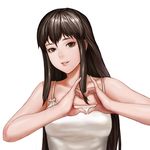  bare_shoulders brown_eyes brown_hair fingernails heart heart_hands lieqi_hun long_fingernails long_hair looking_at_viewer original sidelocks simple_background solo upper_body white_background 