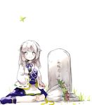  alternate_hairstyle bouquet flower hat hat_removed headwear_removed hillly_(maiwetea) holding japanese_clothes kariginu long_hair long_sleeves looking_at_viewer mononobe_no_futo silver_eyes silver_hair sitting sketch smile solo tate_eboshi tombstone touhou translation_request 