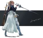  1girl :| black_background black_gloves blue_jacket bolt_action boots brown_hair character_name closed_mouth collared_jacket commentary cropped_jacket explosive expressionless floating_hair from_behind full_body girls&#039;_frontline girls&#039;_frontline_2:_exilium glint gloves green_eyes grenade gun hair_ribbon half_gloves high_heel_boots high_heels holding holding_gun holding_sword holding_weapon jacket letterboxed long_hair long_skirt long_sleeves looking_to_the_side m1903_springfield osakana_(denpa_yun&#039;yun) pants profile ribbon rifle simple_background skirt solo springfield_(girls&#039;_frontline) standing sword symbol-only_commentary thigh_boots twintails weapon white_footwear white_pants white_skirt 