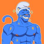 abs absurd_res anthro biceps big_breasts big_pecs big_shoulders blue_body blue_fur bodypaint breasts claws clothing cosplay costume cougar eyes_closed felid feline fur furry_ears hair head_tuft hi_res male mammal markings muscular muscular_anthro muscular_male neruk nipples pecs pink_nipples pink_nose smile smurf solo sparkles spiky_hair spots spotted_markings the_smurfs triceps tuft whisker_markings whisker_spots