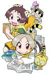  3girls :&gt; angry animal_ear_fluff animal_ear_hood animal_ears animal_print apron bike_shorts black_eyes black_hair black_outline black_tail blush_stickers book book_stack bright_pupils brown_footwear bun_cover cleaning clenched_hand clenched_teeth closed_eyes closed_mouth closing_book coco_(toranoana) collared_shirt colored_inner_hair colored_sclera cub detached_hood double_bun double_horizontal_stripe employee_uniform fake_animal_ears fang full_body green_sclera green_shirt green_shorts green_sleeves grey_eyes grey_shorts hair_between_eyes hair_bun headscarf holding holding_manga hood horizontal-striped_sleeves horizontal-striped_thighhighs houndstooth kotora_(toranoana) light_brown_hair logo_print long_shirt long_sleeves looking_at_viewer lying manga_(object) mukku_(mook-tv) multicolored_hair multiple_girls neckerchief no_pupils nonbiri_kotora object_request official_art on_stomach open_book open_mouth orange_apron outline parted_bangs paw_print paw_shoes print_shirt reading red_eyes second-party_source shirt shoes short_hair short_sleeves shorts simple_background sitting small_pupils straight_hair striped_clothes striped_fur striped_shirt striped_sleeves striped_tail striped_thighhighs t-shirt tail tamako_(toranoana) teeth tenugui thighhighs tiger tiger_ears tiger_girl tiger_print tiger_tail tongue tora_da_yo. torana toranoana triple_horizontal_stripe turtleneck turtleneck_shirt very_short_hair white_background white_pupils white_shirt white_sleeves wide_sleeves wristband yellow_collar yellow_fur yellow_hood yellow_neckerchief yellow_tail yellow_thighhighs 