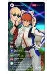 2boys amuro_ray animal_ears blonde_hair blue_eyes bright_noa brown_hair cat_ears char&#039;s_counterattack char_aznable ekomozzarella embarrassed green_jacket gundam haman_karn hand_on_own_hip hathaway_noa highres jacket judau_ashta kamille_bidan multiple_boys red_shirt sayla_mass shirt smile tiktok_live 