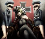  :o bare_shoulders bismarck_(kantai_collection) blonde_hair blue_eyes brown_eyes brown_hair chair colored_eyelashes crossed_arms elbow_gloves frown gloves grey_legwear hand_on_own_face hands_together hat hatimiz head_rest indoors iron_cross kantai_collection long_hair long_sleeves looking_at_viewer looking_down multiple_girls nazi open_mouth peaked_cap sailor_hat short_hair sitting sleeveless smile swastika teeth thighhighs white_hair world_war_ii z1_leberecht_maass_(kantai_collection) z3_max_schultz_(kantai_collection) 