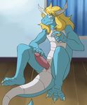  3_toes 5_fingers anthro blonde_hair buddyfight claws dragon erection eyelashes eyewear genital_slit glans hair horn humanoid_penis kinous_axia male marine monocle on_floor penis precum red_penis sharp_teeth short_hair sitting slit smile solo spread_legs spreading tapering_penis teeth thegreatmatsutzu yellow_eyes 