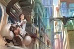  arch architecture bird blue_eyes boots bridge brown_footwear brown_hair building fingerless_gloves future gloves gothic_architecture highres hover_bike landscape mujiha original realistic science_fiction sign thighhighs tunnel twintails 
