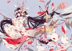  absurdly_long_hair bell black_hair blue_eyes bride bunny cherry food fruit hair_ornament headwear japanese_clothes kimono long_hair looking_at_viewer original shikimi_(yurakuru) tree_branch twintails very_long_hair 